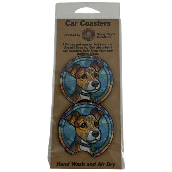 Car Coasters Jack Russel Terrier Dog Life Stained Glass Puppy Set of 2 Neoprene - Picture 1 of 9